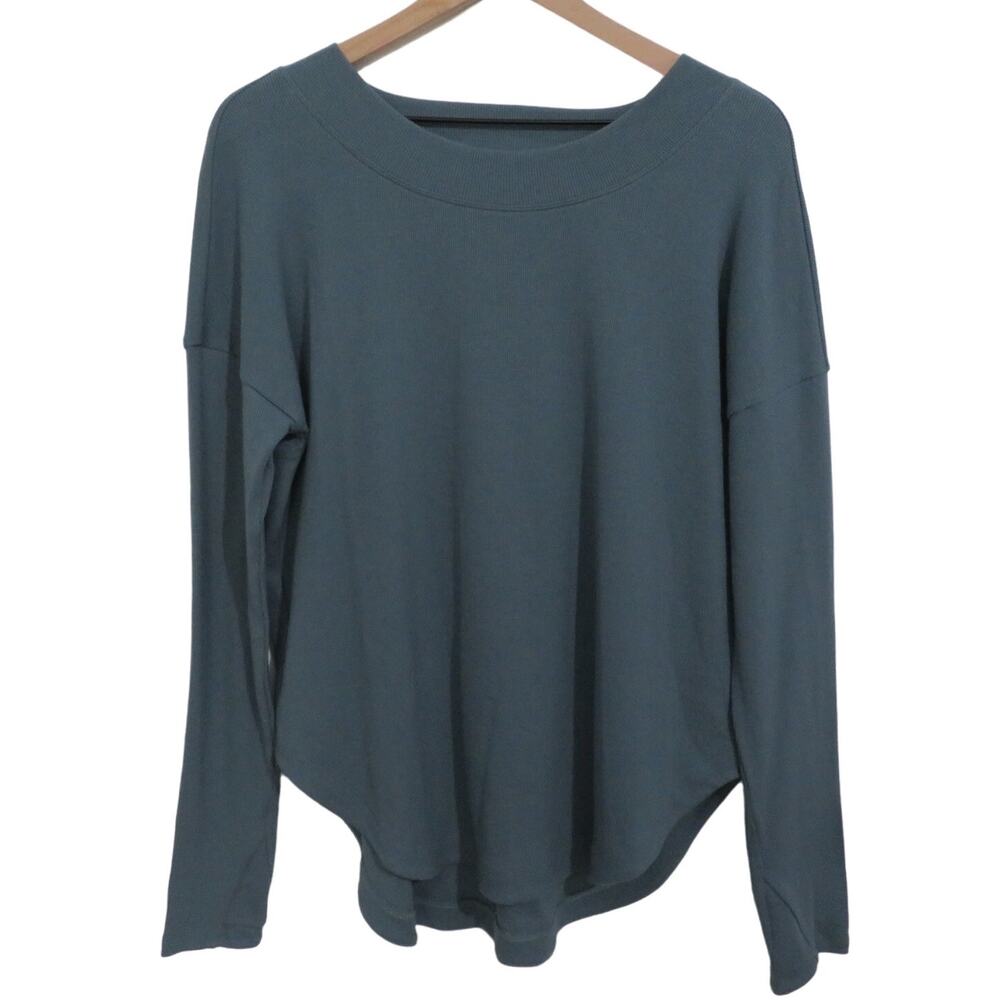 Womens Blue Gray Long Sleeve Ribbed Shirt Cutout Back Top Thumbholes